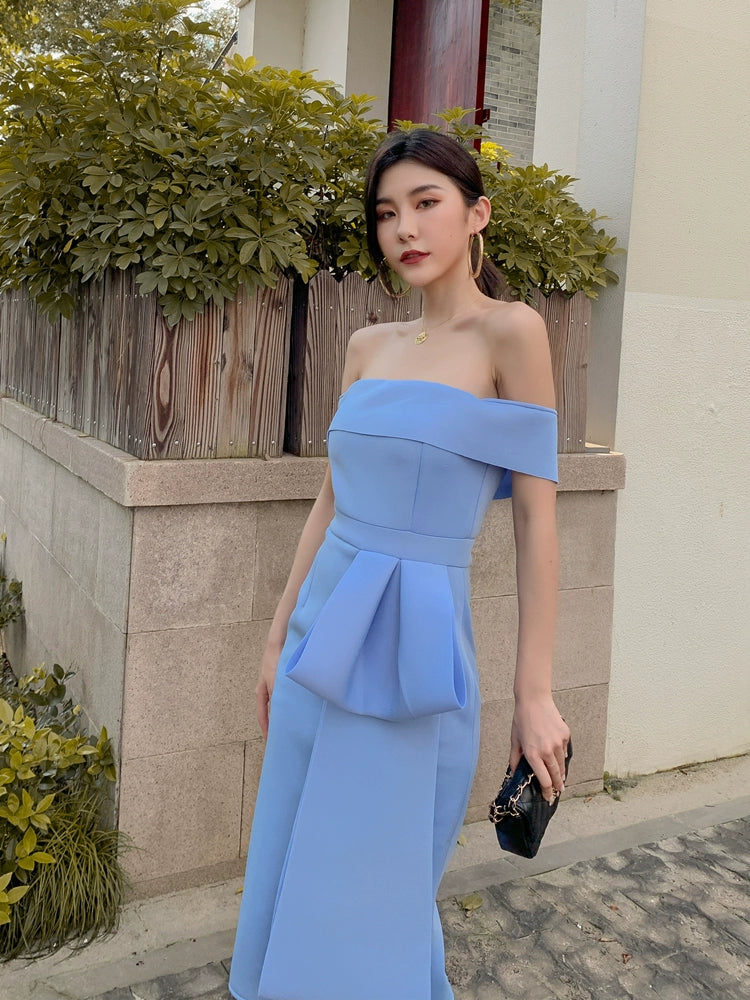 DOLLY Elegant Blue Sleeveless Off Shoulder Chest Wrap Midi Dinner Dress-DARA
