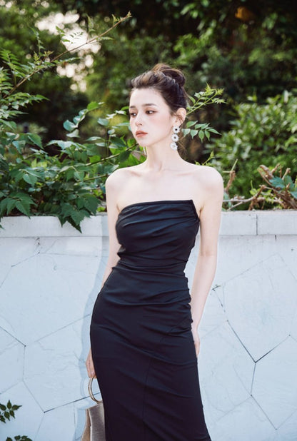 DOLLY Luxury Black Retro Chest Wrap Sleeveless Pleated Slim Fit Mermaid Dinner Dress-IVORY