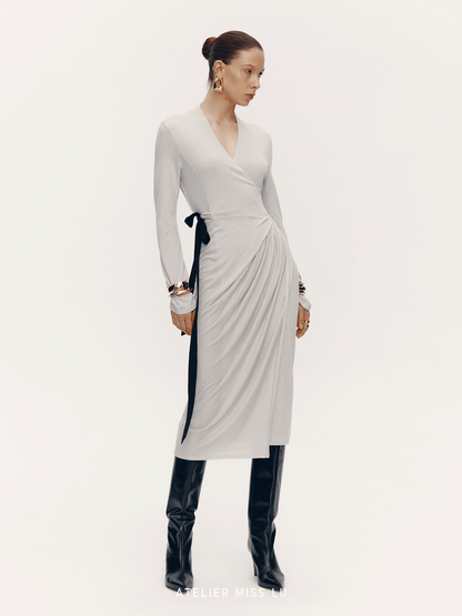 ATELIER MISS LU [Ferrar Pleated Light] Lace-up Soft Knit Wrap Dress -BWEST