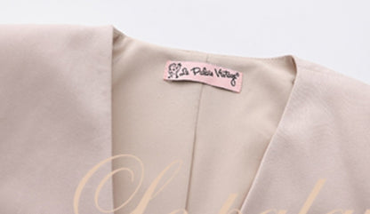 Le Palais Vintage Elegant Off-White Crop Jacket + High Waist Wide-leg Pants-MARY.