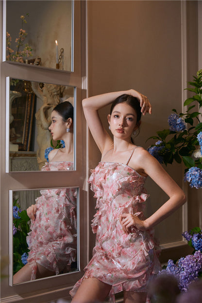 Wardrobes by Chen Luxury Crimson Sleeveless Flower Print Short Dress-Fuu