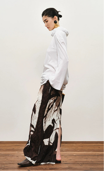 ZHUCHONGYUN Autumn Stork Leaf Slit Drawstring Skirt--YATO.