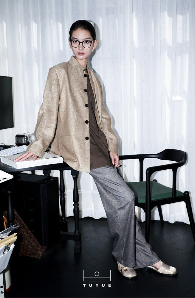 TUYUE Chinese style stand-up collar flap jacket linen casual suit- ARIANA.
