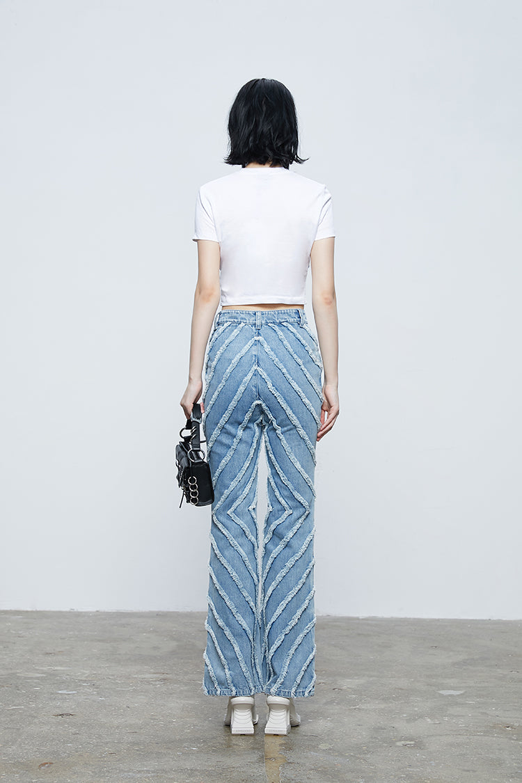 ANNAKIKI fractal shooting star raw edge denim bell bottoms-YAMEN.