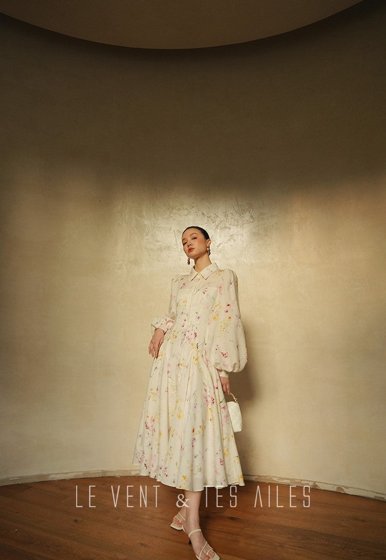 LE VENT&TES AILES Luxury summer vacation floral print Fancy Midi Dress-ZOE