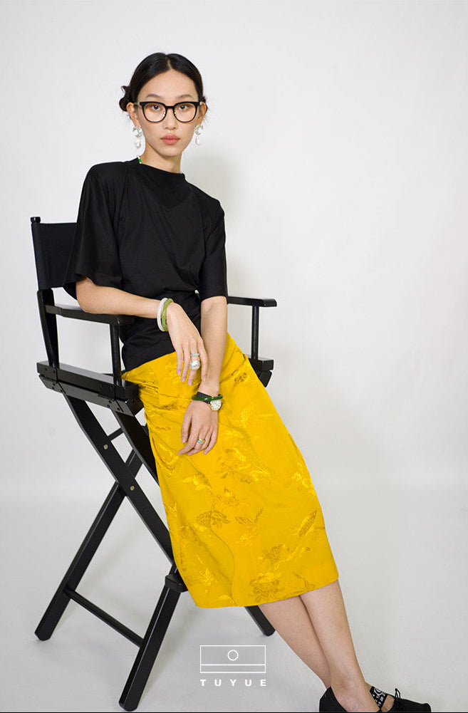 TUYUE Chinese style glazed yellow jacquard skirt- SHARON.