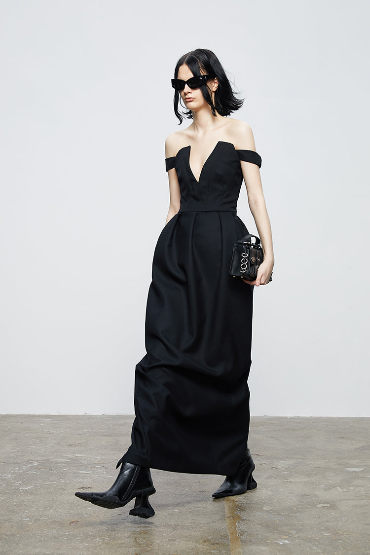 ANNAKIKI Niche Party Red Carpet Black V-Neck Bandeau Dress-CHAPELLE