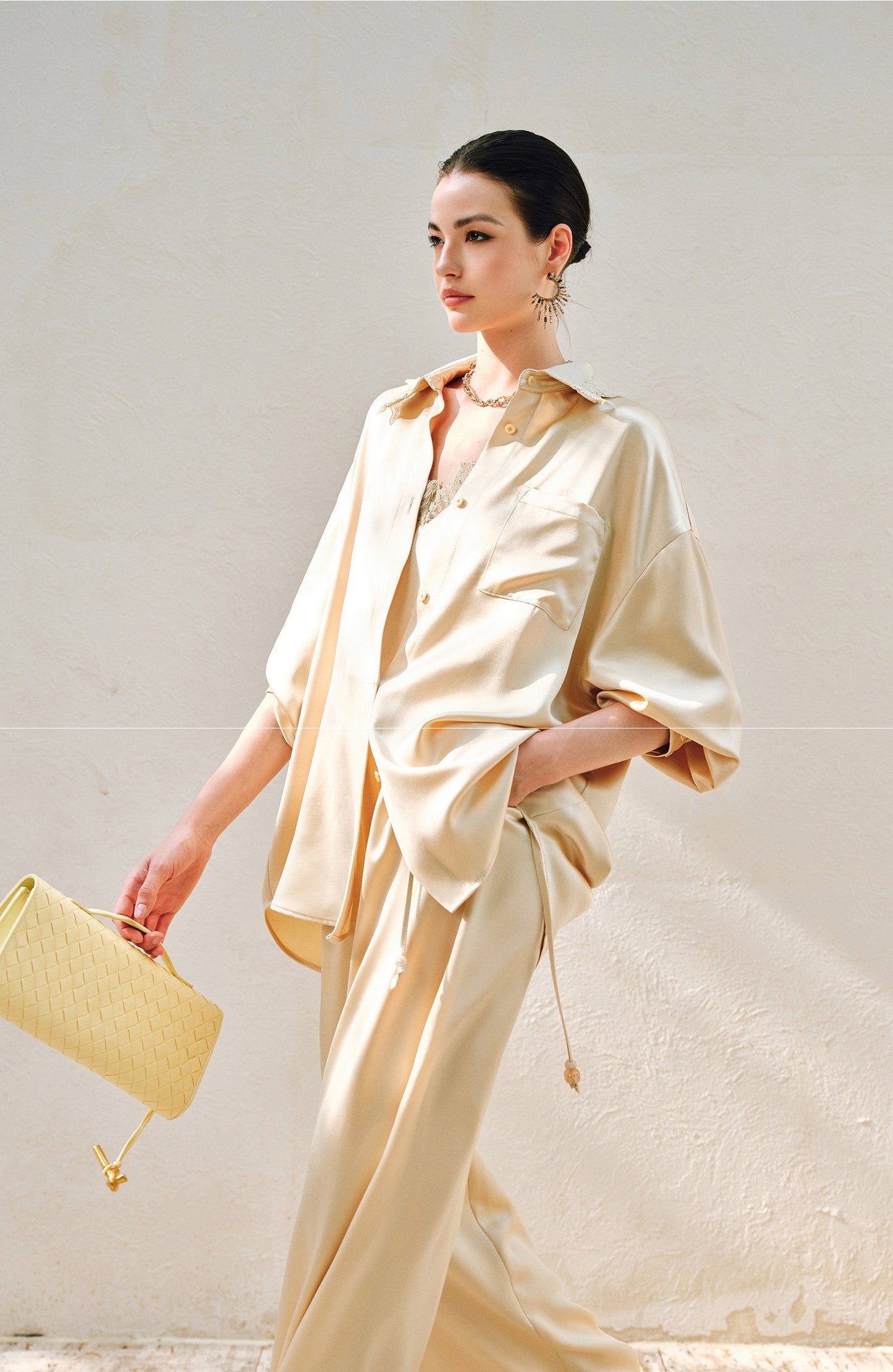 WANGXO | Hemp-Textured Acetate Satin  ight Luxury Lace Suspender, Shirt & Trousers Three-Piece Set- SARI