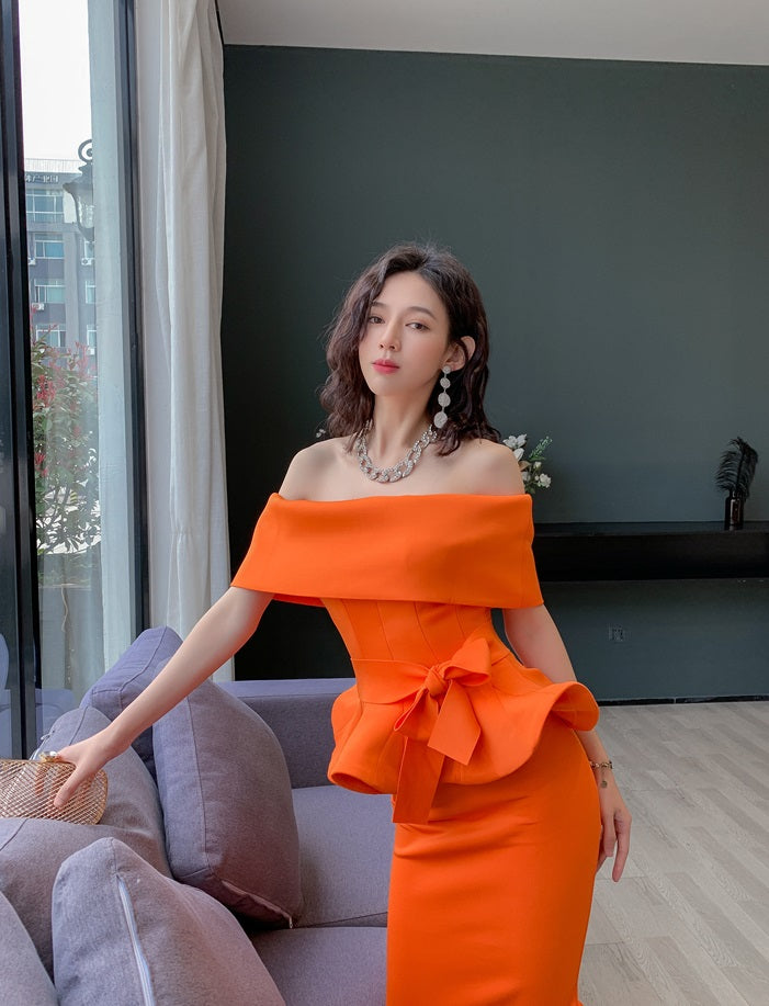 DOLLY High End Off Shoulder Peplum Tube Top Slim Fit Wedding Guest Dress-HANS