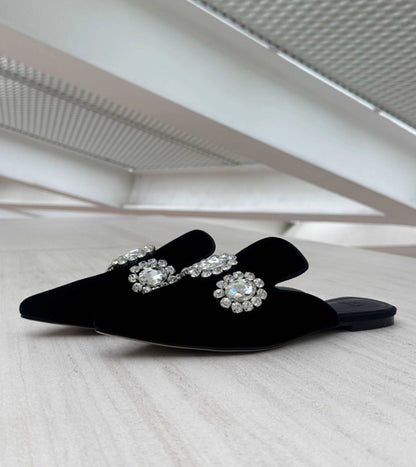 B-FEI custom pointed rhinestone flat mules.