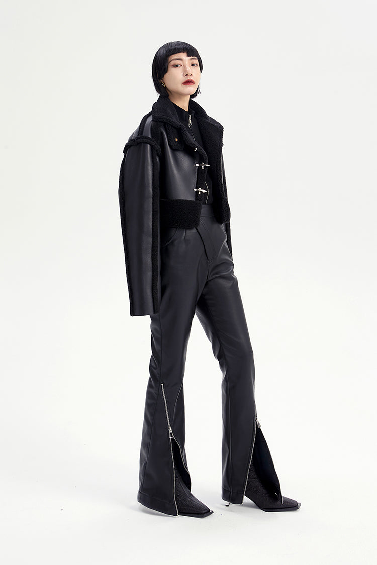 TINY IN zippered flared floor-length leather high waist pants -KON