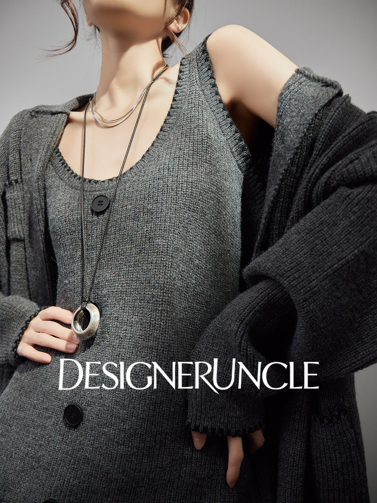 DGU "Guiyan" gray knitted suit V-neck cardigan knitted skirt two-piece set - Skylar.