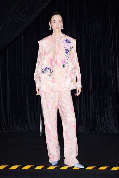 M essential Mackay designer iridescence crepe workshop raffia multi-floral gilet - STEPH.