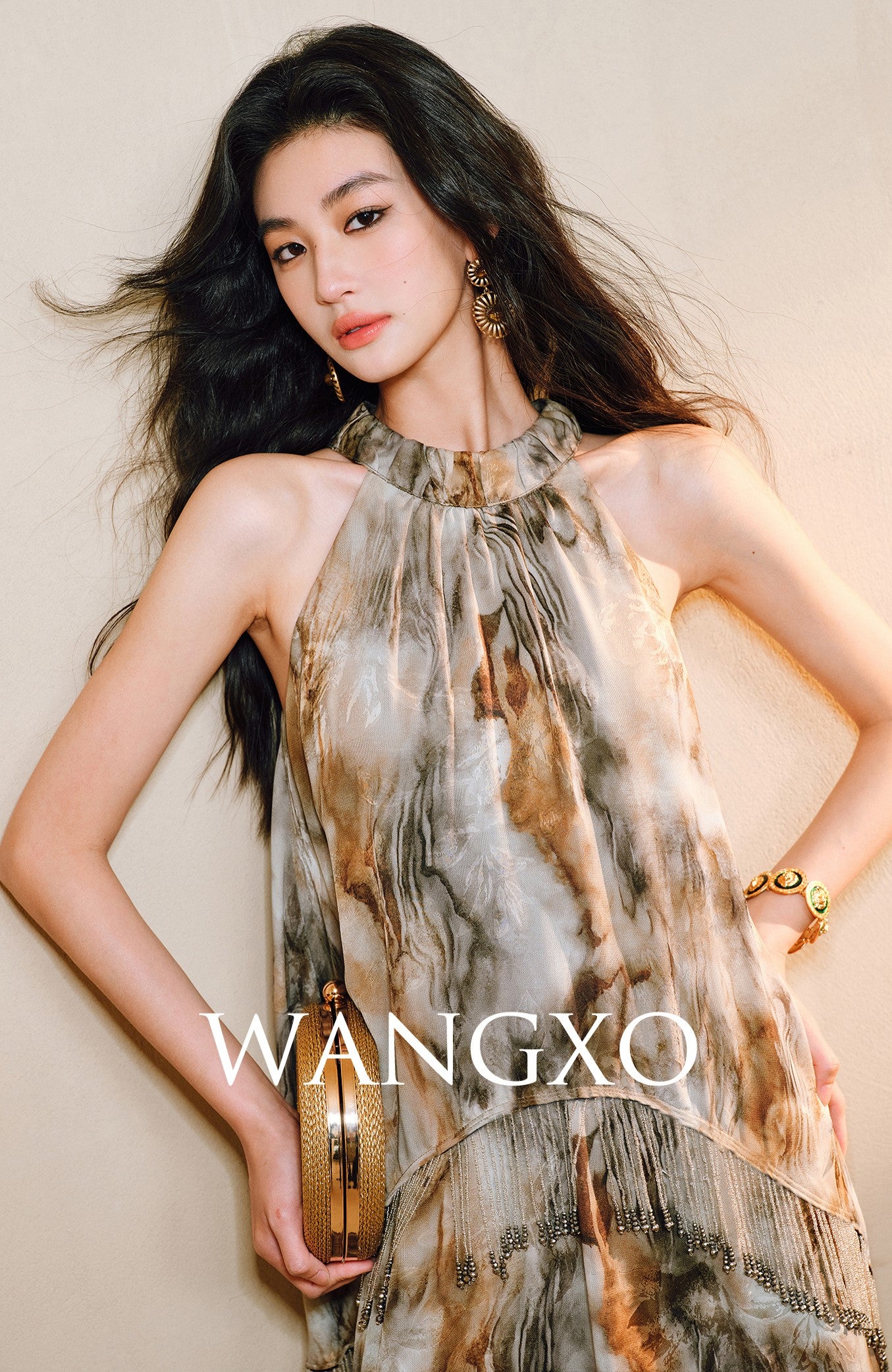 WANGXO | Satin Jacquard Beaded Tassel Halterneck Dress -LUMI.