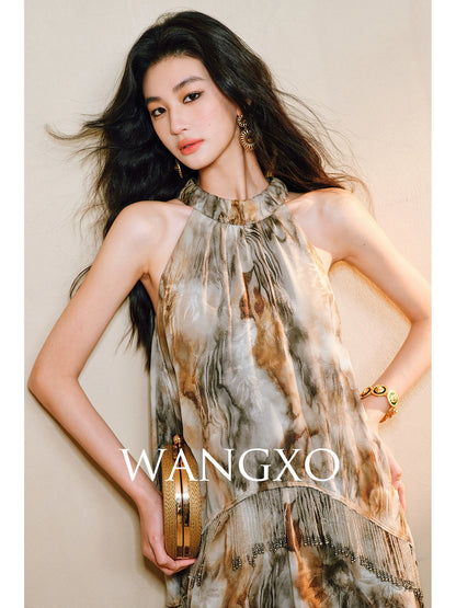 WANGXO | Oil Painting-Inspired Satin Jacquard  Beaded Tassel French-Italian Romantic Shaved Shoulder Halterneck Dress -LUMI