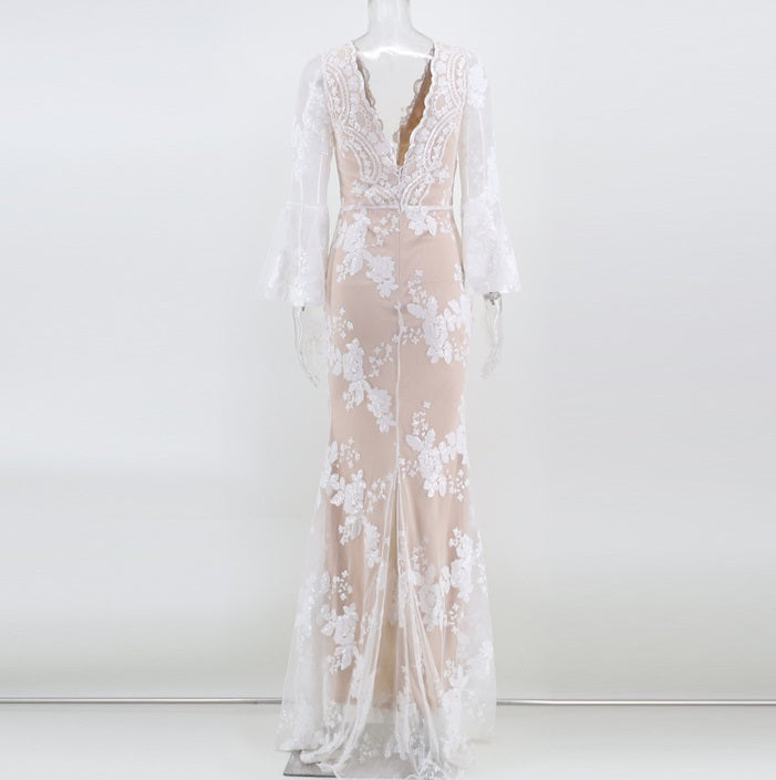 DOLLY Elegant V-Neck Long Sleeve Sequin Hip Flared Fish Tail Banquet Dress-MAY