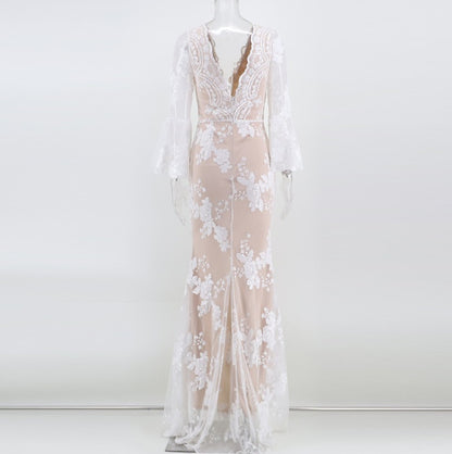 DOLLY Elegant V-Neck Long Sleeve Sequin Hip Flared Fish Tail Banquet Dress-MAY