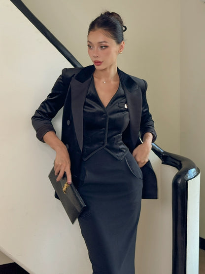 Le Palais Vintage Elegant Retro Black Velvet Stylish Three Piece Suit Set-LISI.