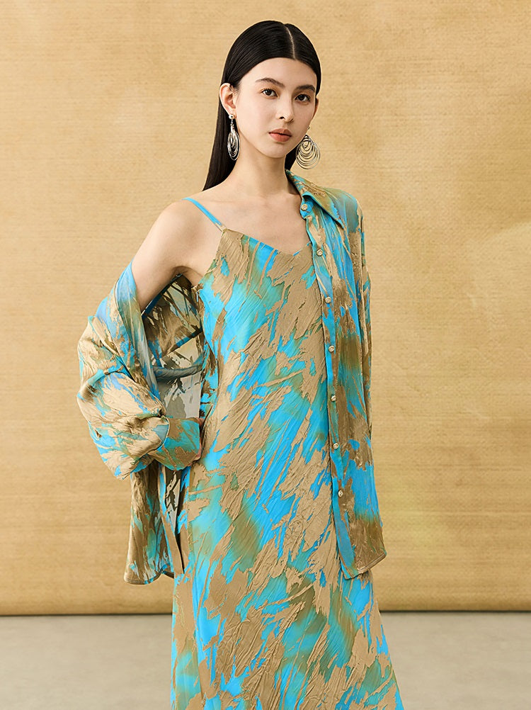 HECO Chinese style devored flower suspender dress - SKY.