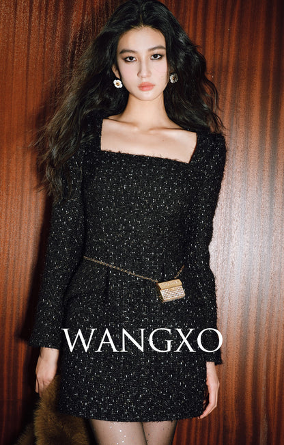 WANGXO | Luxury Tweed Shiny Texture Square Neck Waist Dress-MILA.
