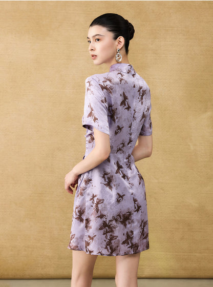 HECO Chinese Style Stand Collar Cut-out Pleated Short Cheongsam Dress - BIRD.