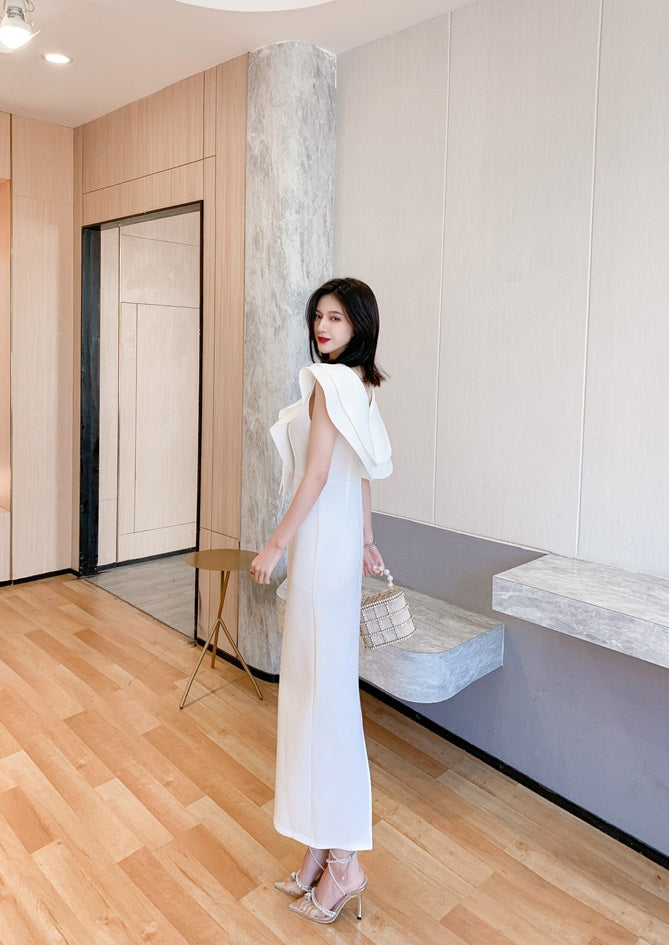 DOLLY Elegant White V-Neck Flying Ruffle Sleeve Slim Fit Long Goddess Dress-CLAUDIA