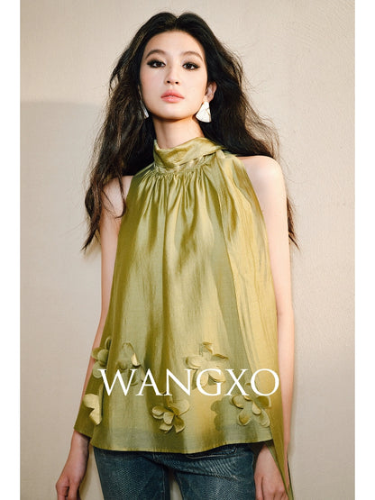 WANGXO Luxury Brand High-End Tencel Acetate Heavy Handmade Nail Flowers French Loose Ribbon Sleeveless Top - MAEVE