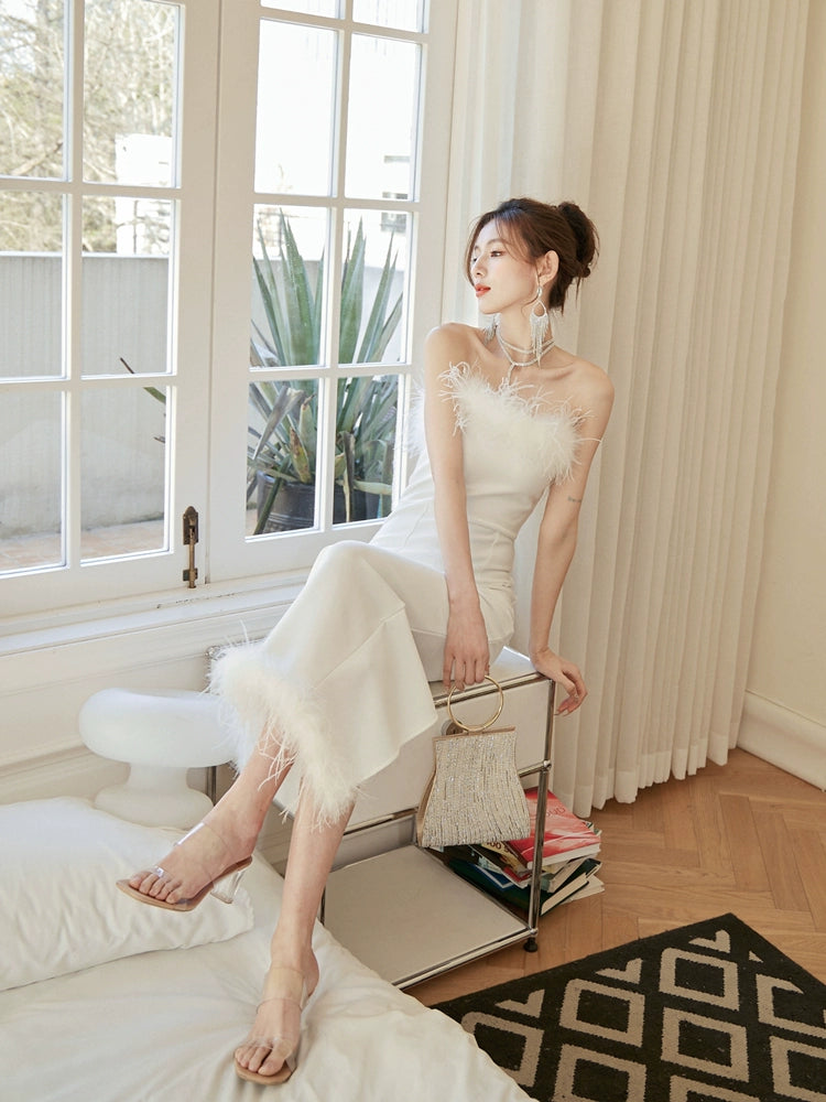 DOLLY Luxury White French Style Sleeveless Feather Tube Top Long Party Dress-HEIDI