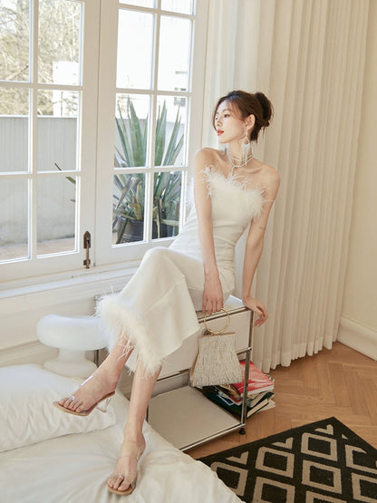 DOLLY Luxury White French Style Sleeveless Feather Tube Top Long Party Dress-HEIDI