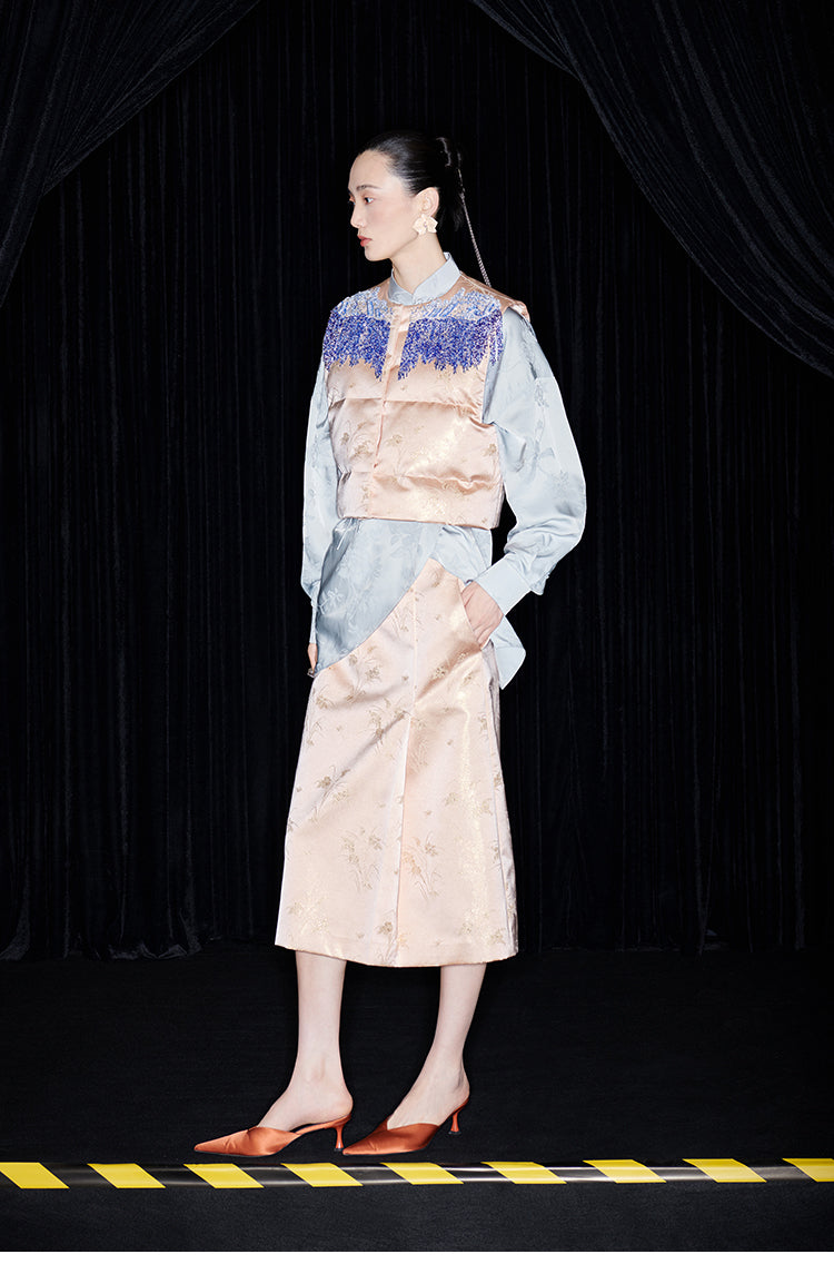 M essential Mackay designer seawater river cliff tassel beaded vest shirt skirt set- six.