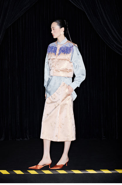 M essential Mackay designer seawater river cliff tassel beaded vest shirt skirt set- six.