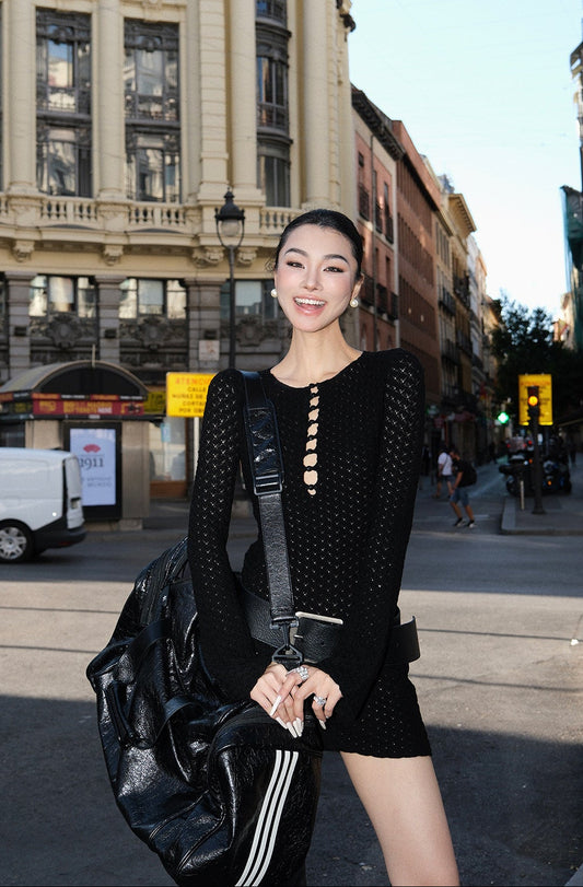MEI SANGUAN black crew neck cut-out knitted dress- BECCA