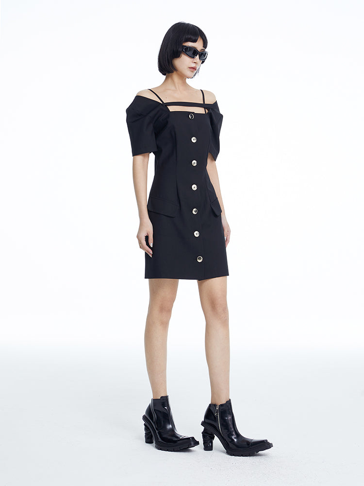 TINY IN dropped shoulders short sleeve square neck little black dress -JAJA