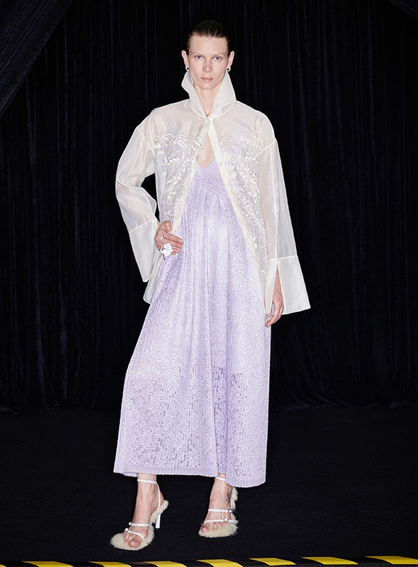 M essential Mackay designer taro lace pleated plunging V-neck dress - MARRY.