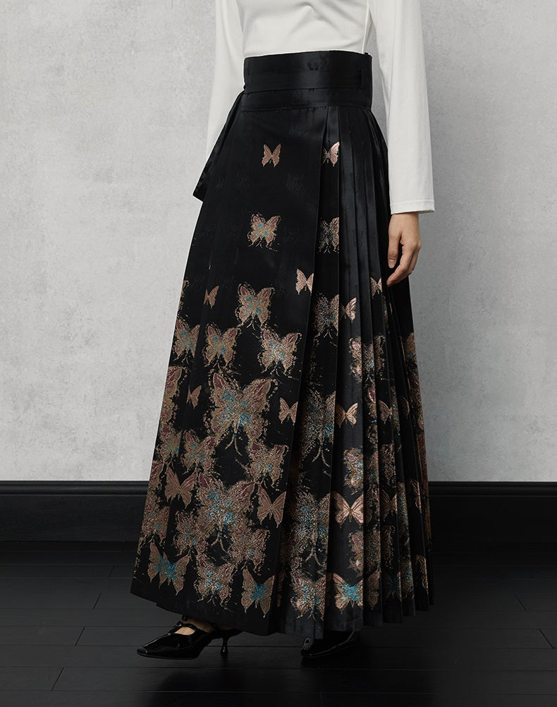 HECO Butterfly Hanfu High Waisted Pleated Long Skirt - rain.