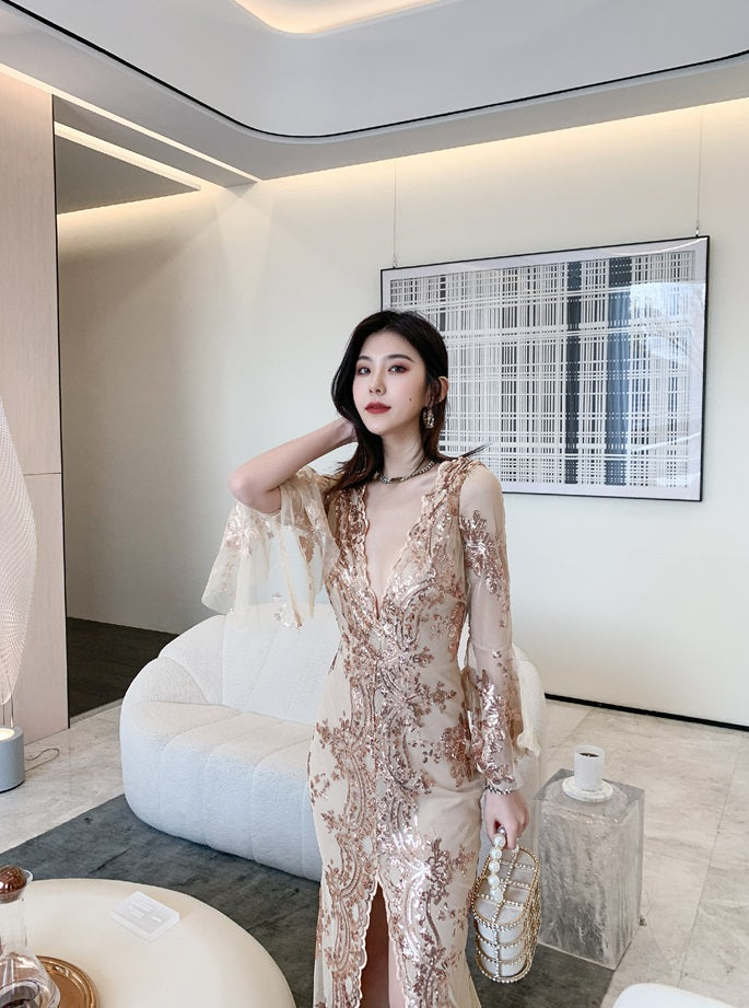 DOLLY Elegant V-Neck Long Sleeve Sequin Hip Flared Fish Tail Banquet Dress-MAY