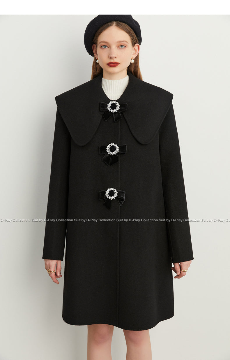 Fall/Winter Doll Collar Heavy Velvet Embellishment Black Tweed Coat - Mira