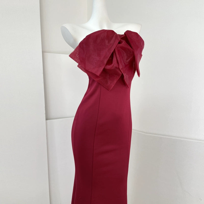 DOLLY Elegant White French Style Big Bow Long Fish Tail Cocktail Dress-FREYA