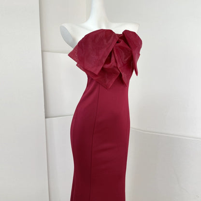 DOLLY Elegant White French Style Big Bow Long Fish Tail Cocktail Dress-FREYA