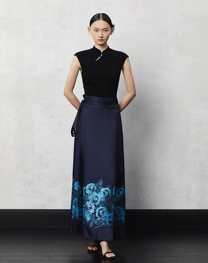 HECO Woven Gold Pattern Blue Horse Face Pleated High Waisted Skirt - tech.