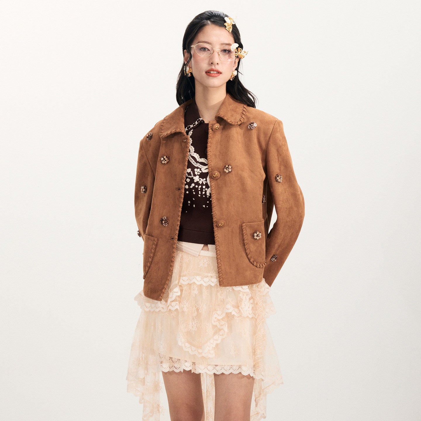 FAME Brown Three-Dimensional Flower Beaded Suede Jacket Top - KENNY.
