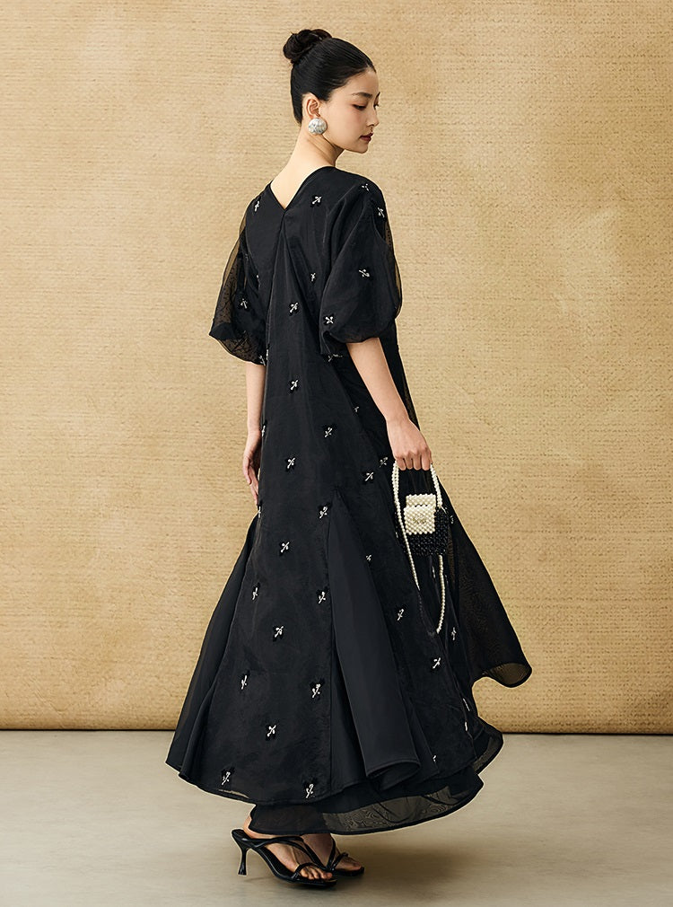 HECO  New Chinese Embroidered V-Neck Puff Sleeve Dress - CORAINE.