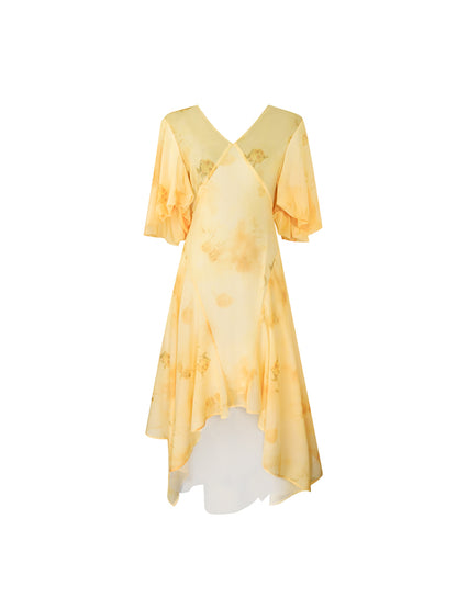 HECO Chinese Floral V-neck Asymmetric Hem Long Dress - DOMINION.