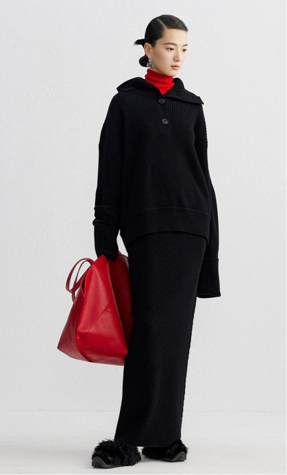 ZHUCHONGYUN winter black lapel loose wool knit top--NANA.