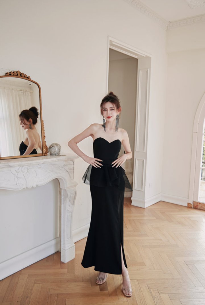 DOLLY Luxury Black Retro Chest Wrap Sleeveless Off Shoulder Long Dinner Dress-ALVINA