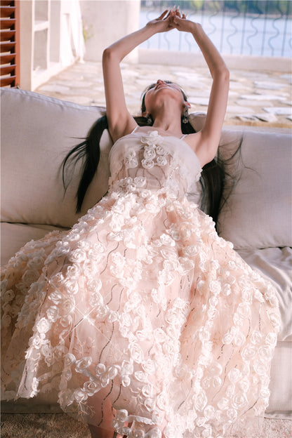 Wardrobes by Chen Luxury White/Beige Sleeveless  Flower Dress-Leah