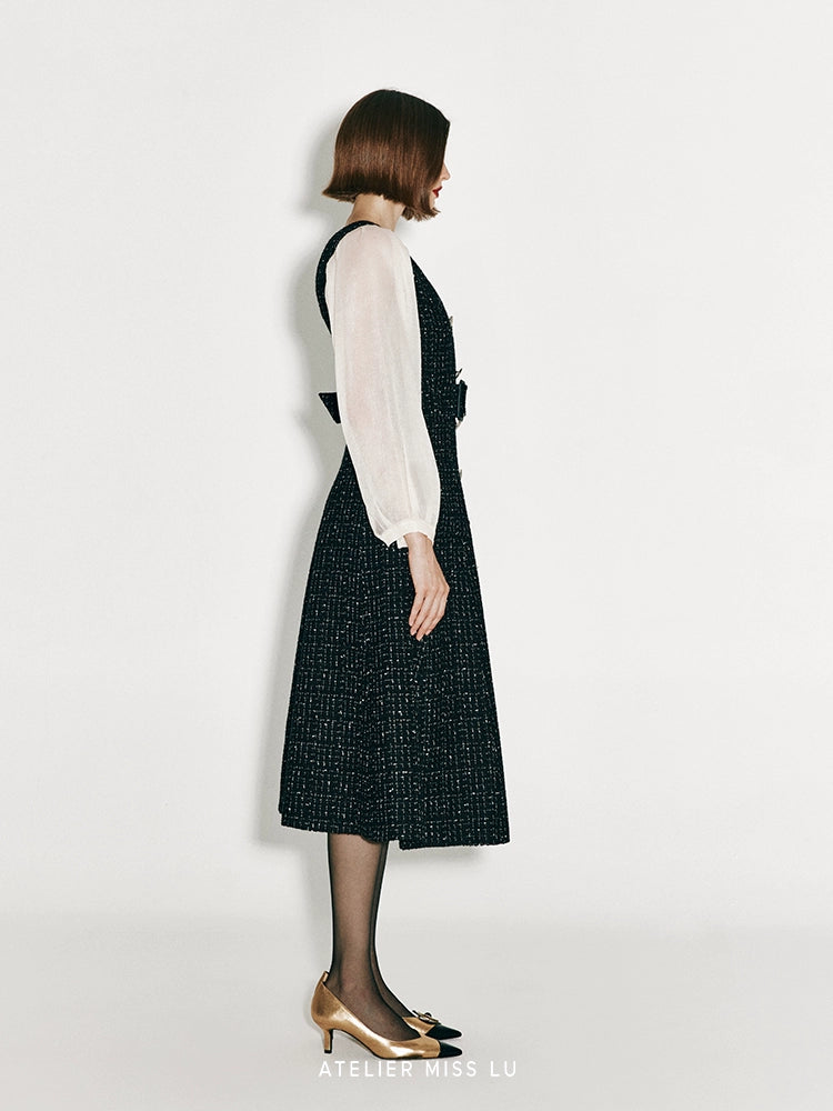 ATELIER MISS LU Vintage Tweed Sleeve Patchwork Dress - KIMMIE