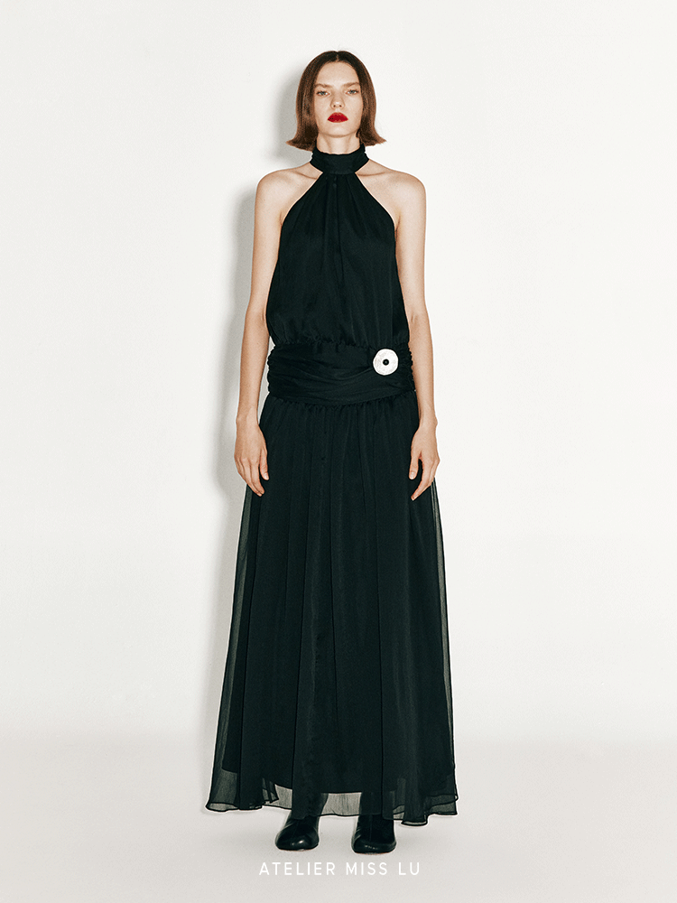 ATELIER MISS LU Flowy Multi-layered Halterneck Low-waisted Black Gown - BIANCA