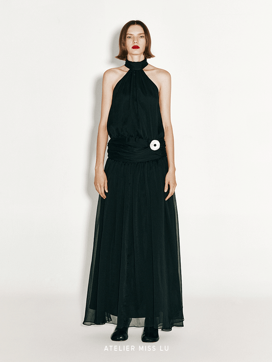 ATELIER MISS LU Flowy Multi-layered Halterneck Low-waisted Black Gown - BIANCA