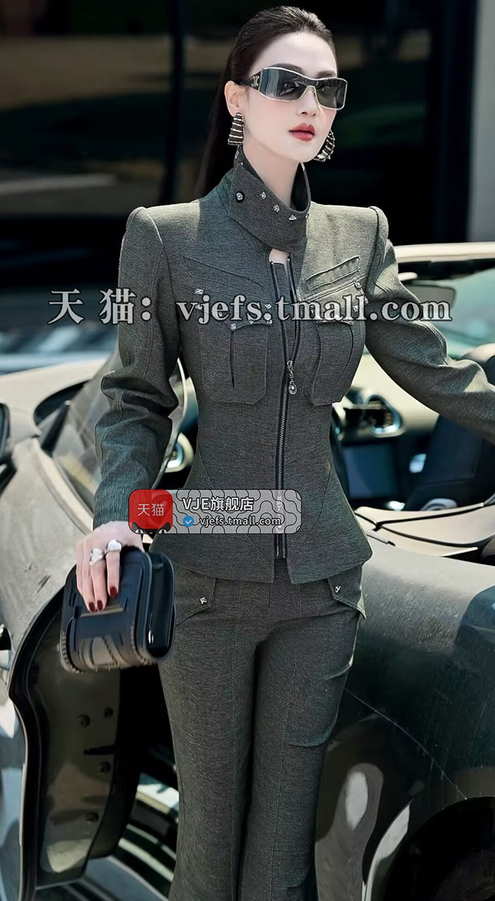 VJE denim top straight-leg pants two-piece set suit-MEA.